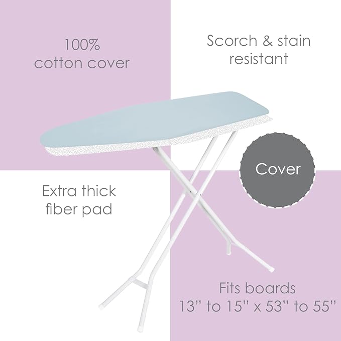 Ironing Board Cover and Pad (Light Solid Blue), 100% Cotton with Premium Polyester Padding by Seymour Home Products; Fits Full Size Board | Stain and Scorch Resistant; Elastic Edge