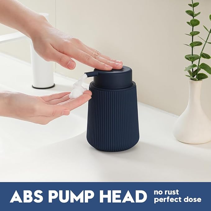 Striped Foaming Hand Soap Dispenser with Leak-Proof Pump for Bathroom and Kitchen Countertop 11oz Navy Blue