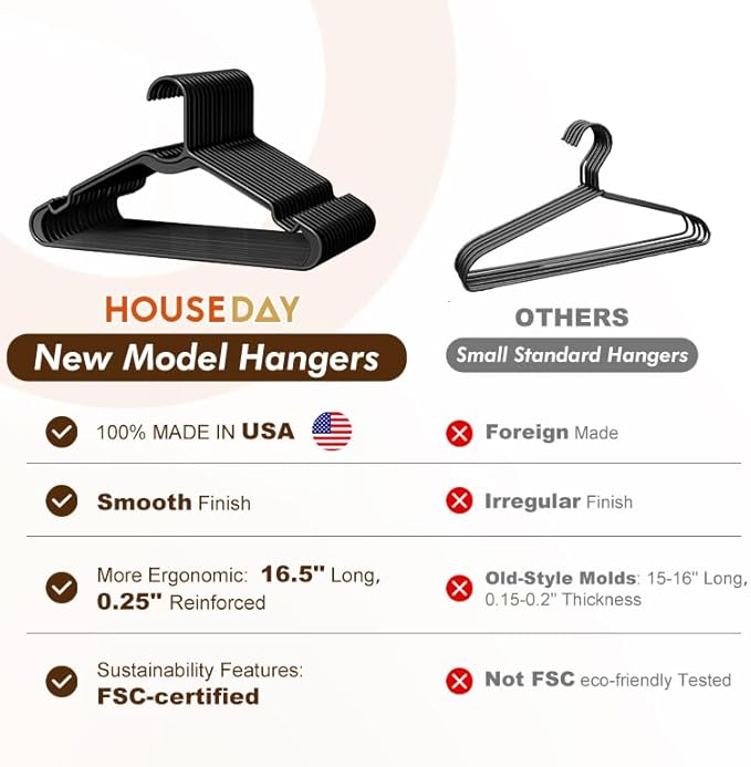 HOUSE DAY Black Plastic Hangers 60 Pack, Lightweight Clothes Hangers with Non-Slip Shoulder Grooves - Space-Saving, Durable & Reinforced Edges Coat Hanger for Closet Organization (Made in USA)