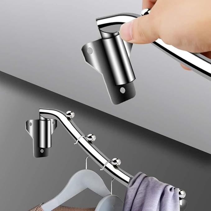 Wall Mounted Clothes Hanger with Swing Arm, Foldable Wall Mounted Clothes Drying Rack, Stainless Steel Garment Hooks Cloth Rack Closet Rod Storage Organizer for Laundry Room Bedroom Bathroom Kitchen