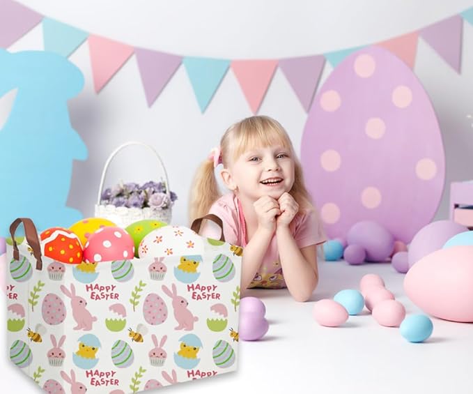 Easter Bunny Kids Gift Basket - Rectangular Toy Storage Basket Organizer Bin Box for Boys & Girls - Cute Easter Egg Room Decor for Home