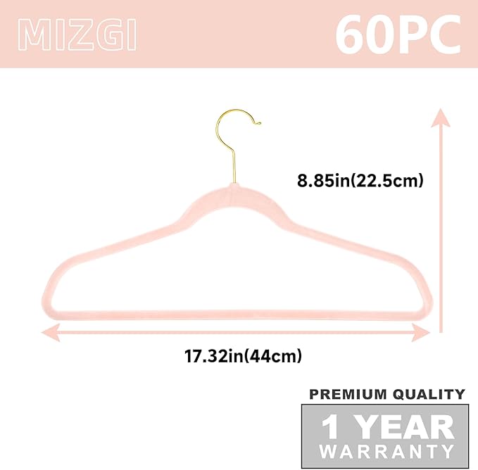 MIZGI Blush Pink Velvet Hangers 60 Pack,Premium Gold Clothes Non-Slip Felt Hangers,Sturdy Pink Heavy Duty Coat Hanger,Durable Suit Hanger for Space Saving, No Marks