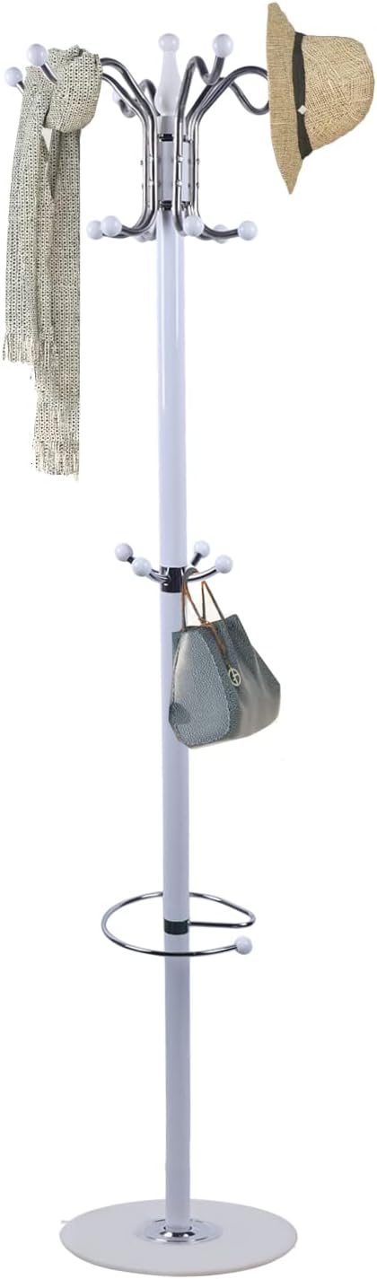 69" Entryway standing Coat Rack Stand Coat Hanger White Satin Steel Finish Stable Marble Base with 16 Hooks, High-Grade Metal Tree Hat Stand Floor Standing Wall Bedroom Hall Organizer Storage