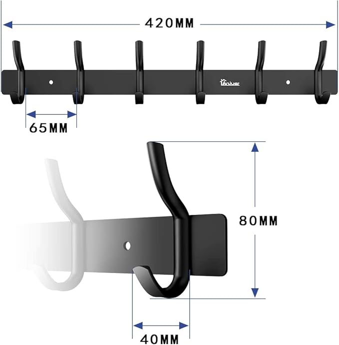 Clothes Hanger 6 Hooks, Load 20 kg Aluminum Alloy Hat Black