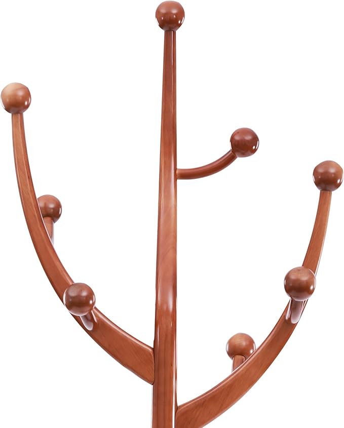 Coat Tree Freestanding Wood Tree Rack, Heavy Duty Creative Design Tree Branch-look Coat Rack Stand with 8 Hooks and Stable Sphere Base for Entryway, Hallway, Bedroom-Load 110lbs (Teak)