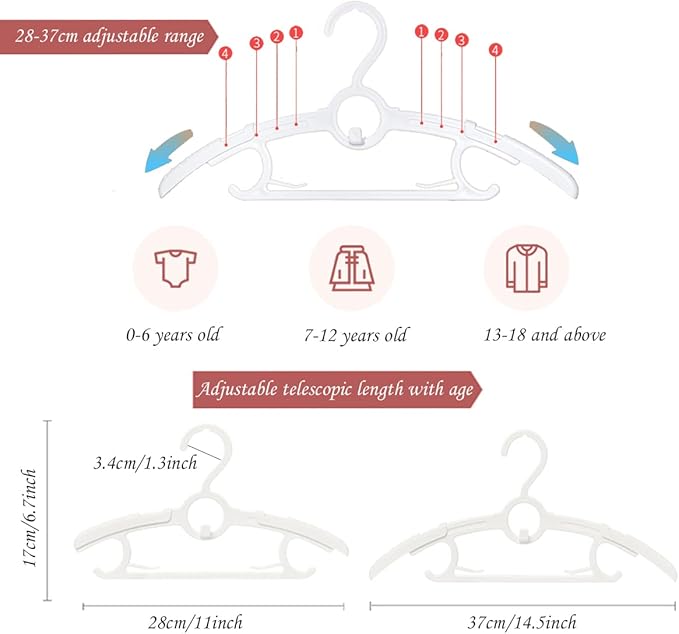 Baby Hangers 20 Pieces 11“-14‘’ Retractable Non-Slip Adjustable Multifunctional Children's Hanger, Children Coat Hanger for Clothes, Toddler Kids Child