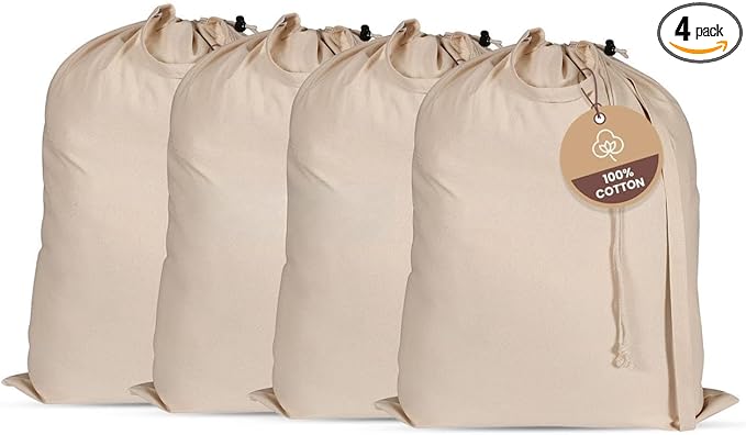 LFH Home Large Premium 100% Cotton Canvas Laundry Bag with Drawstring and Handles Heavy Duty, Multi-Use, and Washable for Home, Travel, College or Storage 20x30 (Pack of 4)-Natural