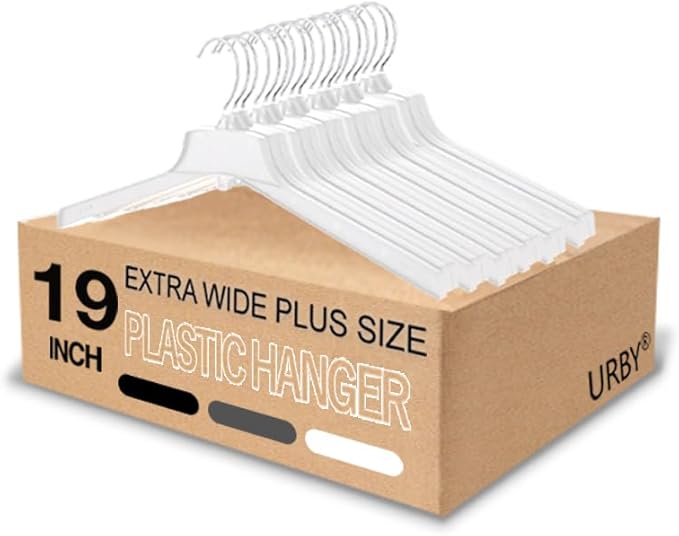 Extra Wide Hangers for Plus Size Clothes, Ganchos para Colgar Ropa,19 Inch Plus Size Hangers Ideal for XL, XXL Shirts, Coats, Dresses, Etc. Plastic. White.