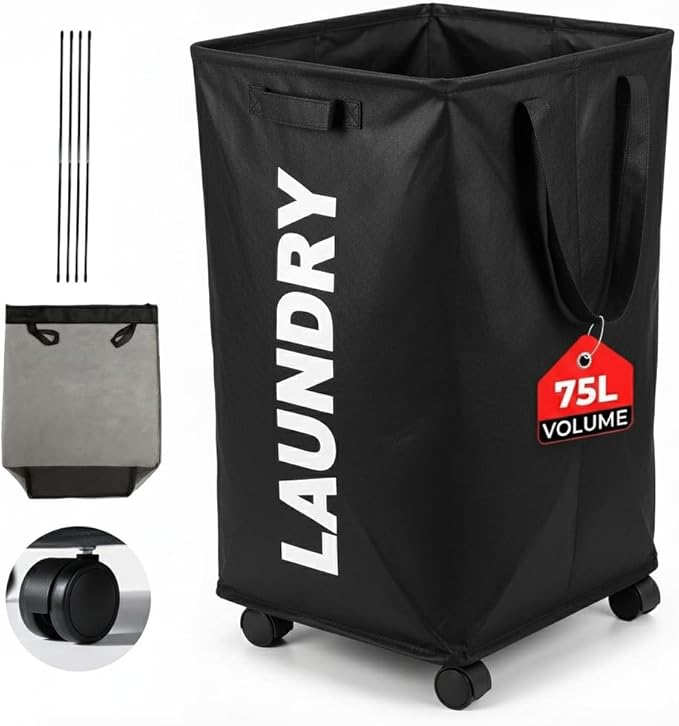 75L – Lockable Wheels Laundry Basket – Support Rods & Box Base – Tall Slim Laundry Hamper – Clothes Hamper – Rolling Cart on Wheels – Heavy Duty Black Laundry Basket – Bathroom, Bedroom & Dorm