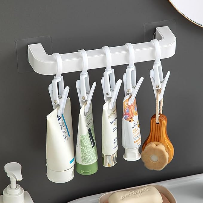 10 PCS Laundry Hooks with Clips，Clothes pins，360° Rotating Hook Clips, Hangers Clip Socks Curtain Towels Bathroom Closet Kitchen Office (White B)