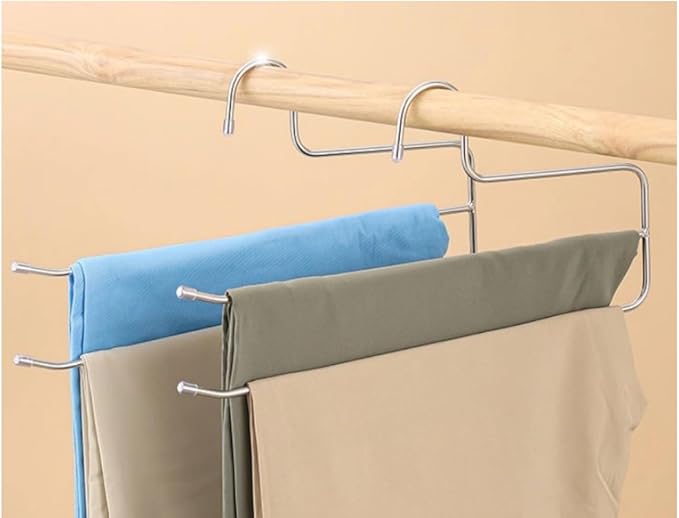Pants Hangers Space Saving 6 Pack 2 Layers Trouser Hanger Multifunctional 5.0 mm Stainless Steel Jeans Rack for Wardrobe Heavy Trousers Scarf Jeans Silver