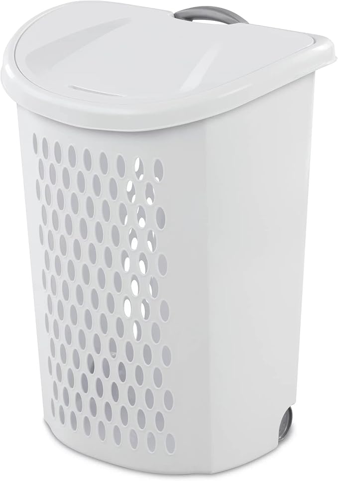 Ultra Wheeled Design Clothes Laundry Basket, Mind Reader Basket Collection，135 Liter （20 1/8" x 15 3/8" x 26 3/4"）Capacity, Laundry Hamper White Lid & Base w/Plastic Handle & Wheels