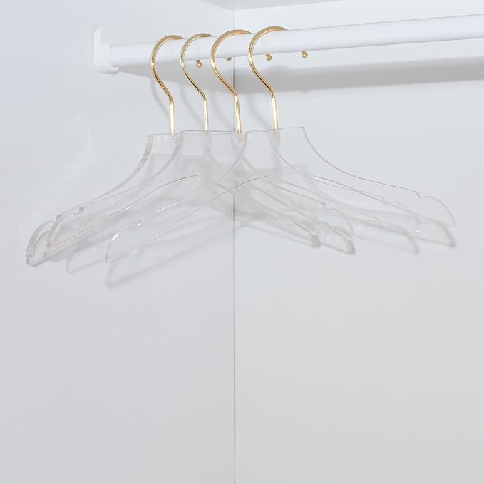 HomeCube USA Clear Acrylic Clothes Hanger with Gold Hooks – Heavy Duty Lucite Closet Organizer, Elegant & Sturdy for Shirts, Dresses, Coats, Suits & Boutique Use (10, Small 13")
