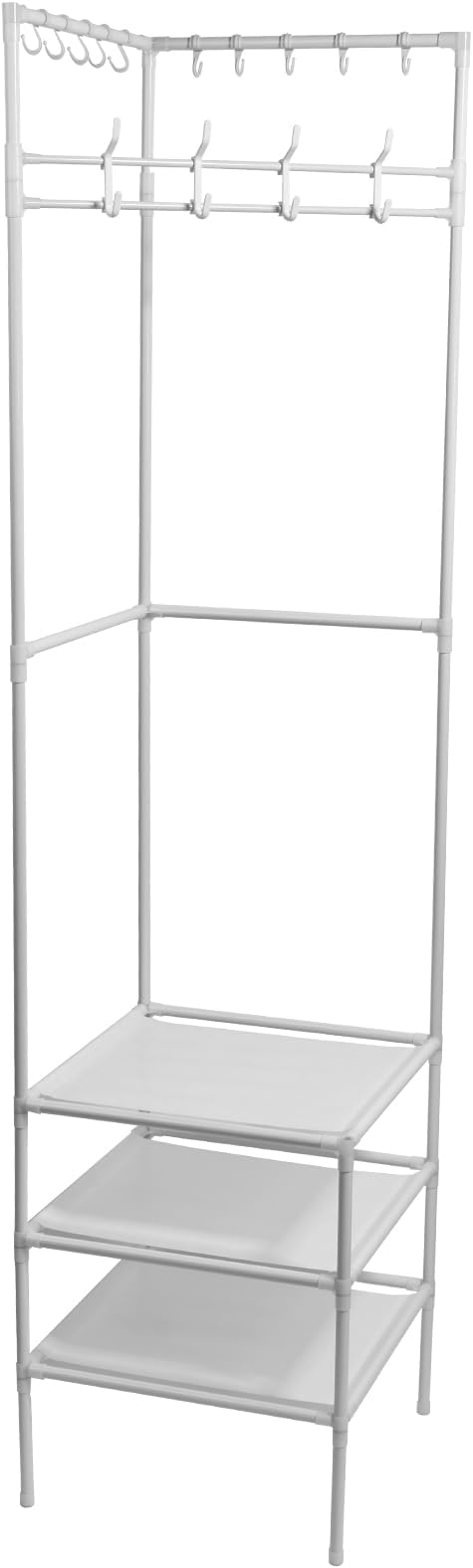 Corner Hall Tree, Freestanding Coat Rack with 3 Tier Shoes Rack Storage and 10 Movable Hooks, Corner Storage Organizer, Metal Entryway Coat Rack, Waterproof Corner Organizer Coat Rack for Home (White)