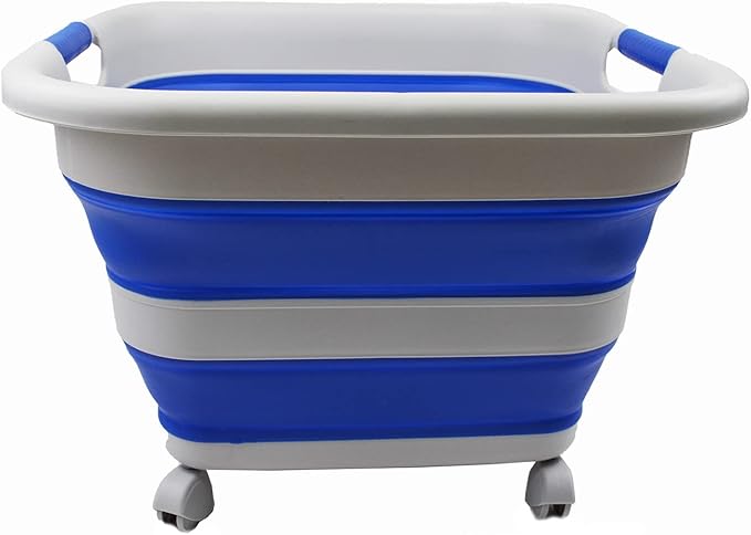 SAMMART 39L (10.3 Gallons) Collapsible Plastic Laundry Basket with Wheels-Foldable Pop Up Storage Container (1, Grey/Purplish Blue)