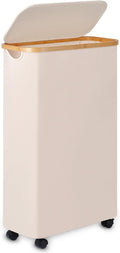 Slim Laundry Basket with Wheels,Narrow Hampers for Laundry,Freestanding Laundry Hamper with Lid&Bamboo Handles,Collapsible & Waterproof Tall Cloth Hamper for Dorm Family(60L Beige)