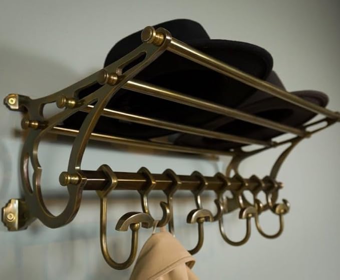 French Coat Rack Luggage Rack Wall Mounted Shelf Vintage Luxury Home Decor- Antique Brass Finish with 8 hooks