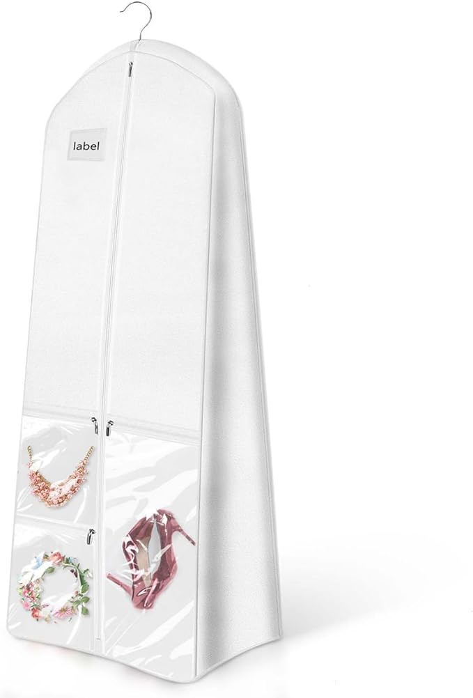 WSSROGY 72" Long Wedding Dress Garment Bag Cover for Gowns Women with 10'' Gusseted Dress Bags 4 Pocket (White 1 Pack)