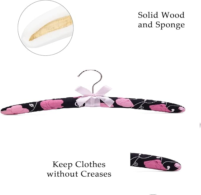 Anti-Slip Satin Padded Clothes Hangers with Rotatable Hooks No Shoulder Bump for Women Heavy Sweaters, Coats, Suits, Floral Pattern with Satin Bow, 360° Swivel Hook, Set of 5 (Pink)