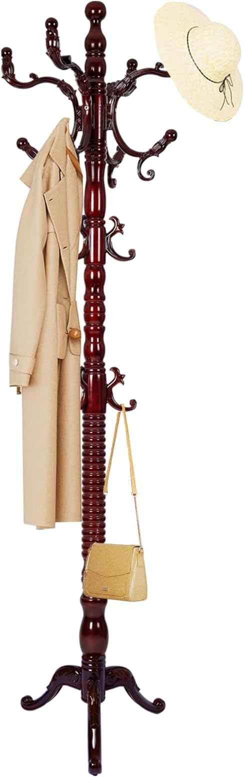 Solid Wood Coat Rack, Free Standing Hall Coat Tree with 14 Hooks, 3 Height Options, 300lbs Load, Stury Base, Clothes Rack for Entryway, Hallway, Bedroom (Tri-legged Base - Rosewood)