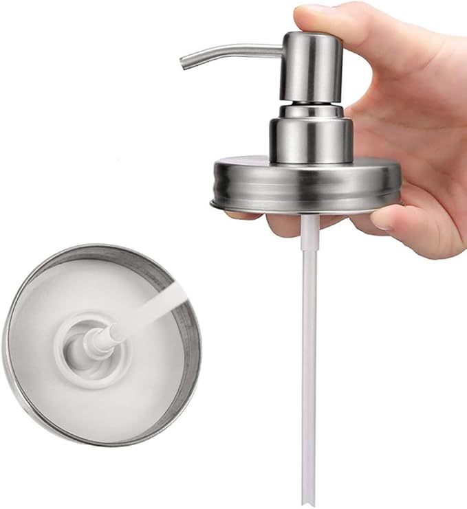 2 Pack Mason Jar Soap Dispenser Lids with Pumps, Rustproof Stainless Steel Lotion Dispenser Lids Replacement for 16 oz Regular Mouth Mason Jar Decor, 2 Brushes Included Silver
