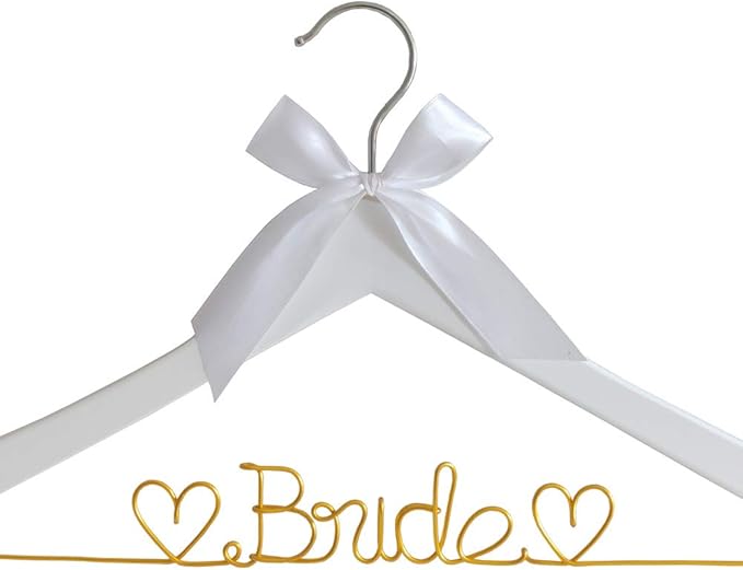 The Bride's Wedding Gift, Wooden Wedding Dress Gown Hanging Wire Letter Hanger (White and Gold Thread)
