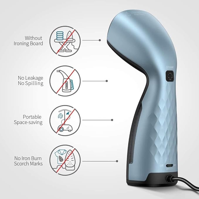 Travel Garment Steamer，25s Fast Heat，Handheld Portable with Metal Steam Head, Removes Wrinkles from Clothes，Fabrics，and Garments，Metallic Blue