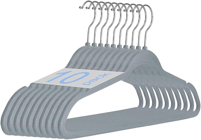 Elegant Velvet Hangers 10-Pack, Space Saving Coat Hanger, Non-Slip Hangers, Clothes Hangers Dress and Trouser Hangers., Gray