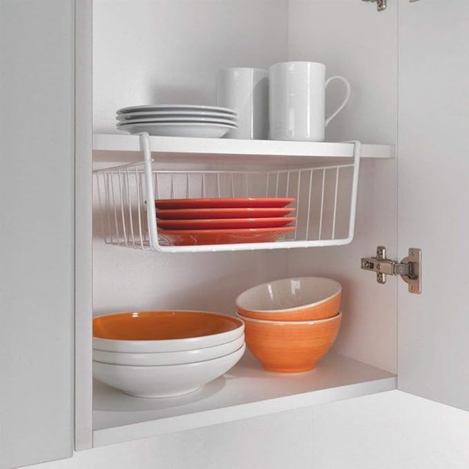 Modern Home Under Shelf Wire Storage Baskets – Hanging Organizer Rack for Cabinet, Pantry, or Closet – White Metal Basket for Kitchen, Towels, or Office – No Tools Required (Set of 2 11")