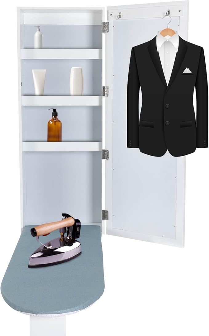 Wall Mounted Ironing Board Cabinet with Mirror, Built in Garment Ironing Surface Ironing Board with Foldable Storage Cabinet for Home Apartment Small Spaces (Style1)