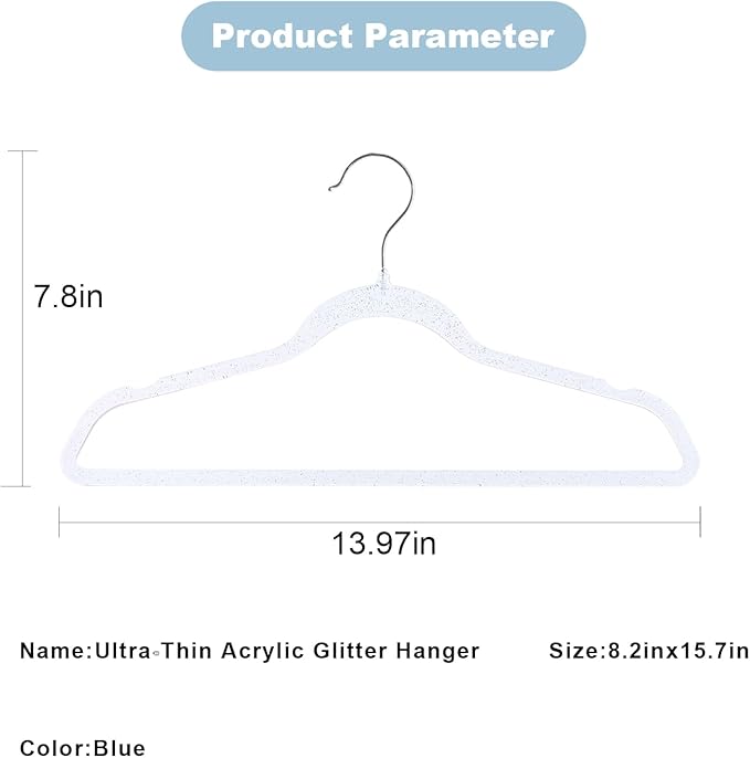 20 Pcs Blue Glitter Sparkle Hangers, Ultra-Thin Acrylic Glitter Hangers for Dresses and Suits - Non-Slip Space-Saving Clothes Hangers (Blue)