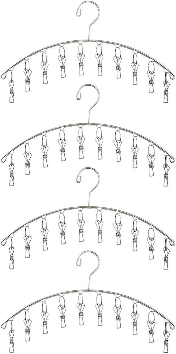 Toplife Clothes Hanger with 10 Clips, Stainless Steel, Windproof, for Drying Socks, Bras, Underwears, Baby Clothes, Hats, Scarfs, Towels, Pants and Gloves, Set of 4 (Indoors)