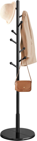 VASAGLE Solid Wood Coat Rack, Free Standing Hall Coat Tree with 8 Hooks, 3 Height Options, for Coats, Hats, Bags, Purses, for Entryway, Hallway, Rubberwood Hooks and Pole, Ink Black URCR007P33
