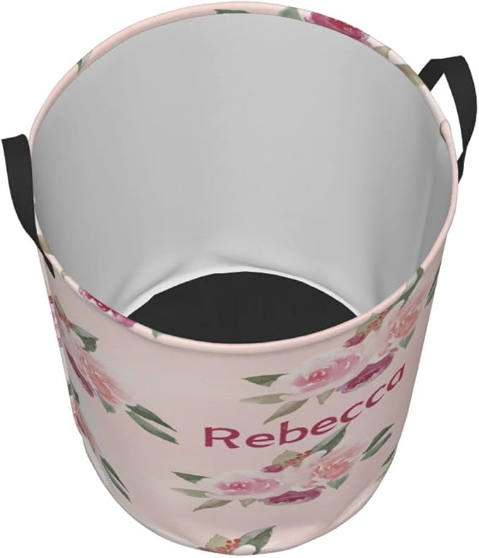 Pink Floral Pattern Customized Laundry Basket with Name Collapsible Waterproof Organizer Bin Laundry Hamper with Handle for Clothes Toys Bedroom.