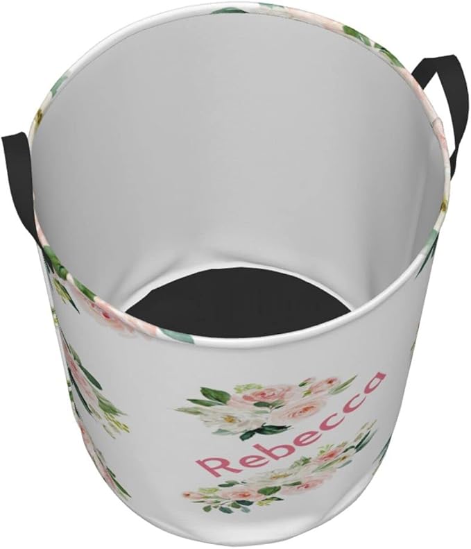 Pink Florals Leaves Customized Laundry Basket Clothes Hamper with Name Collapsible Waterproof Large Capacity Organizer Storage for Living Room.