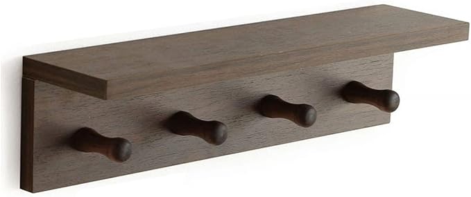 Entrance Coat Rack ，Coat Hooks, Wall-Mounted Wooden Hook Rack, Wall-Mounted Shelves are Very Suitable (Walnut Color Finish—A-1)