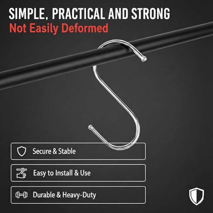 WHITECLOUDZ Stainless Steel S Hooks, Silver 20-Pack for Hanging Plants, heavy-duty, Closet Hooks, for Hanging Clothes, Durable kitchen hooks, for hanging Utensils, Pots, Clothes, Bag