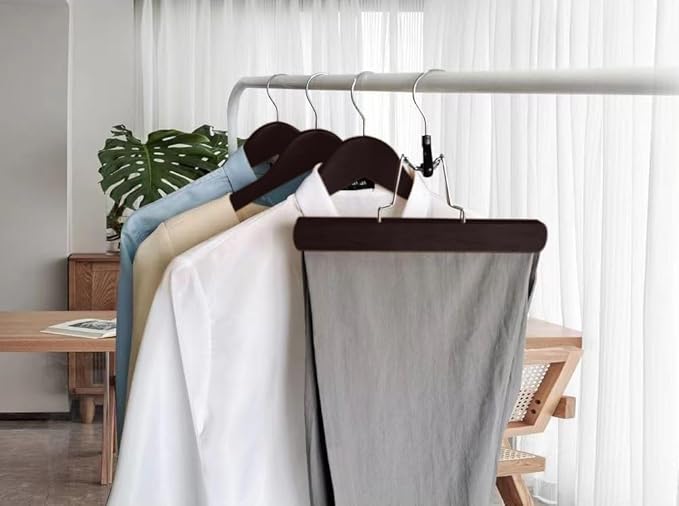 Richards Wooden Pants Hangers - Wood Skirt Hangers - 6 Pack - for Men Shorts and Pants and Women Dress Clothes - Non Slip Slim Closet Space Saving- Walnut