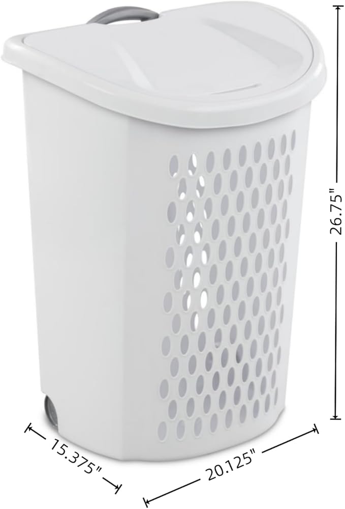 White Laundry Basket, Laundry Hamper with Lid & Wheels, Hamper with Retractable Handle, Ventilated Hamper Basket for Bedroom, Bathroom, and Laundry Room, School Dormitory