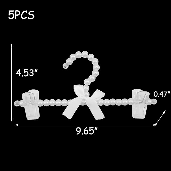 HEVSTIL 5PCS Pearl Hanger Pearl Plastic Bow Clothes Rack with Clip Artificial Pearl Hangers Tie Holder Wedding Clothes Rack Skirts Hanger for Trousers Jeans Skirts,White