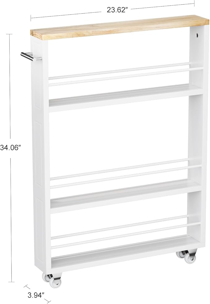 KLM 4 Tier White Slim Storage Cart with Handle, Slide Out Storage Rolling Utility Cart for Kitchen, Laundry, Narrow Places
