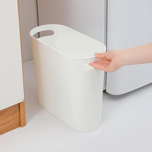 rejomiik Small Trash Can, 3.5 Gallon Slim Garbage Can Plastic Waste Basket with Handles Container Bin for Narrow Spaces Bathroom, Bedroom, Kitchen, Office at Home, White