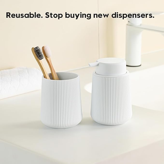 Striped Foaming Hand Soap Dispenser with Leak-Proof Pump for Bathroom and Kitchen Countertop 11oz White
