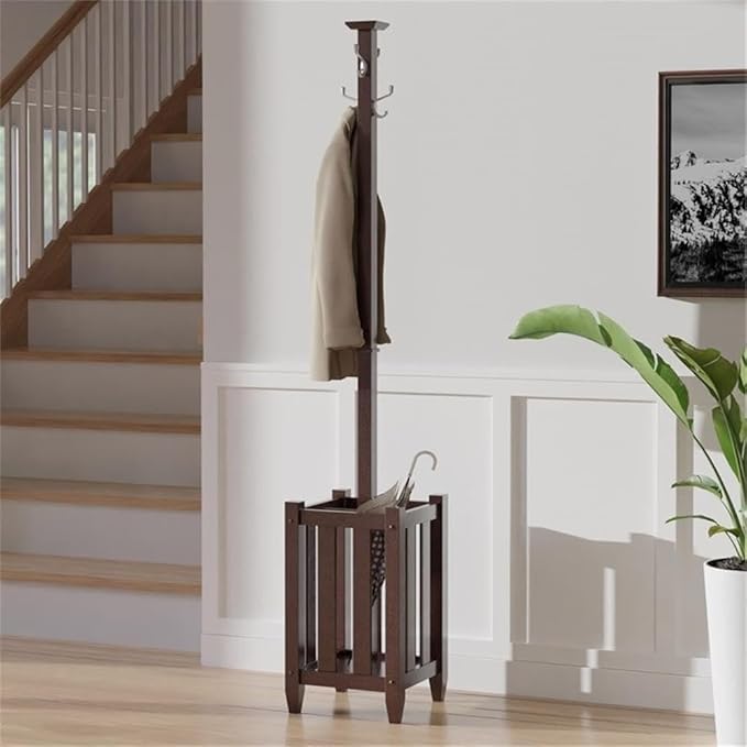 Memphis Coat Tree and Umbrella Rack Wooden Entryway Organizer Multi Hook Freestanding Stand Vertical Hallway Storage Sleek Furniture Utility Tree Natural Finish Modern Wood Accent