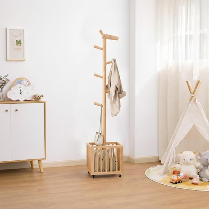 AQIMUELE Kids Coat Rack,Solid Wood Coat Rack with 6 Hook for Bedrooms,Kids clothing rack(Natural)