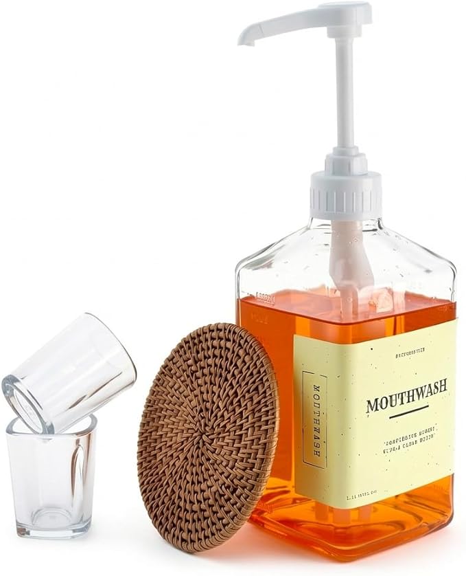 eBun 37oz Glass Mouthwash Pump Dispenser with Cups for Bathroom - Guest Bathroom Essentials, Mouthwash Container, Mouthwash Bottle, Easy Reach Mouthwash Pump Dispenser, Mouthwash Decanter