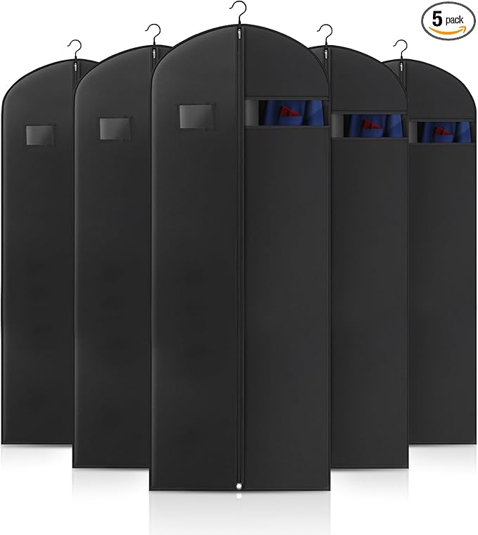 5 Pack 60-inch Suit Bag Garment Bag for Travel and Storage, Garment Bags for Hanging Clothes with Zipper and Visible Transparent Window, Black
