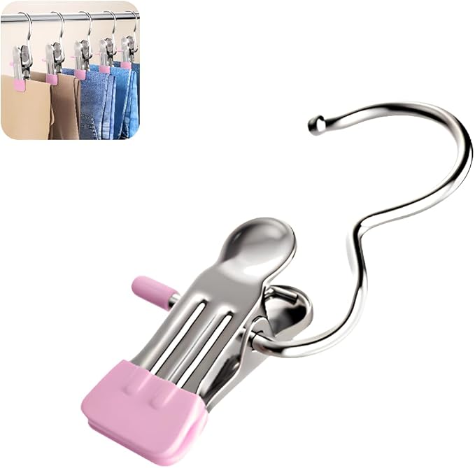 Clothes Pins, 15 Pack Hanger Hooks, Stainless Steel Laundry Clips, Travel Hangers, Towel Clips, Legging Organizer for Closet Hanging, Space Saving Hanger Clips for Pants, Jeans, Hats, Boot(15P+Pink)