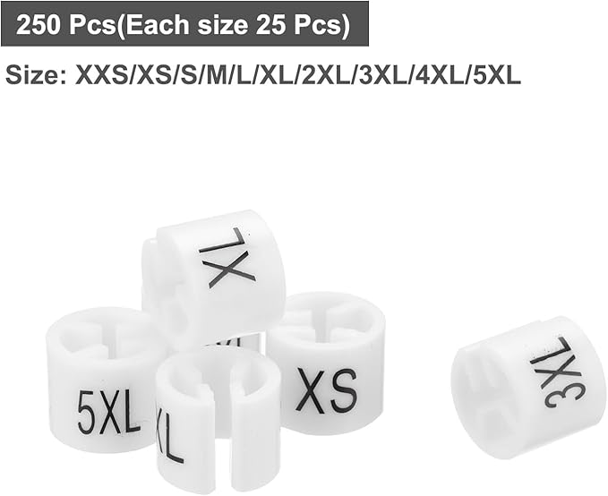MECCANIXITY Clothes Hanger Marker XXS/XS/S/M/L/XL/2XL/3XL/4XL/5XL Size Tag Fit 3mm Rod White for Garment Clothing Color Coding, 250Pcs