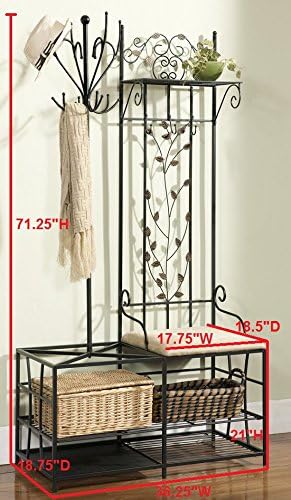 KB Designs - Metal Hall Tree Coat Rack with Shoe Storage Bench, Black